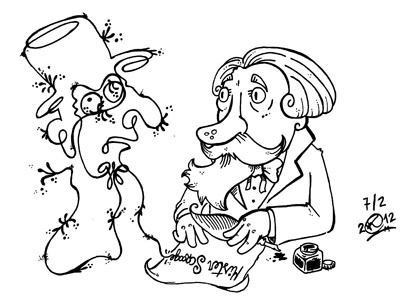 Charles Dickens & Mister Scrooge bw cartoon character dickens drawing illustration