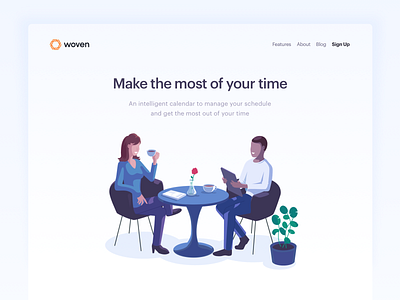 The Homepage Hero: Woven calendar character dinner hero image illustration illustrator isometric landing page marketing meeting restaurant saas schedule startup table vector woven