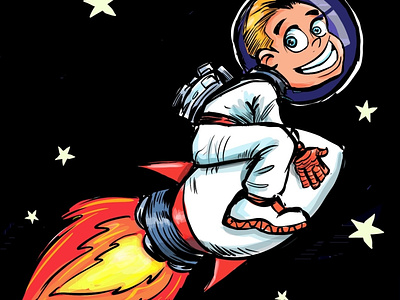 Cartoon astro boy flying on his rocket artstudio cartoon character children book humour illustration