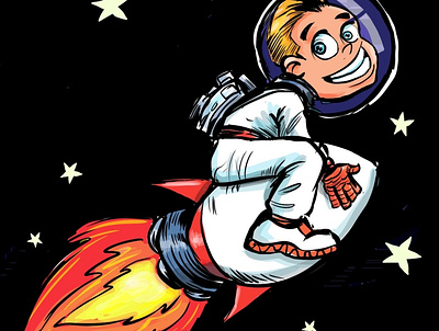 Cartoon astro boy flying on his rocket artstudio cartoon character children book humour illustration