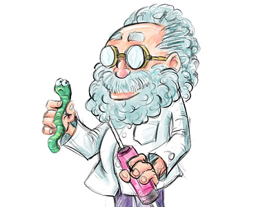 Mad scientist with a worried worm cartoon character drawing humour illustration