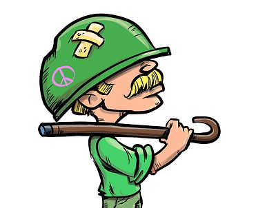 Soldier with a walking stick and peace sign adobeillustrator cartoon character humour illustration illustrator soldier
