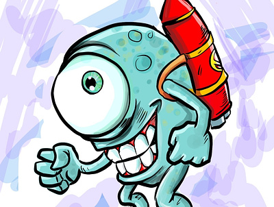 Monster with a rocket on his back cartoon character humour illustration