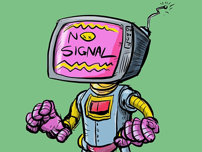 Cartoon robot with a tv for a head cartoon character humour illustration illustrator