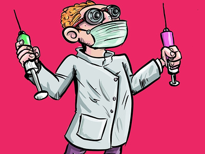 Mad scientist with 2 syringes cartoon character humour illustration mask science scifi