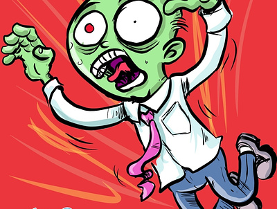 Attacking zombie office worker cartoon character humour illustration