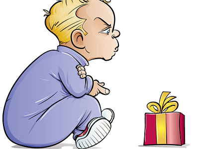 Spoilt little boy is unhappy cartoon child fun gift illustration vector