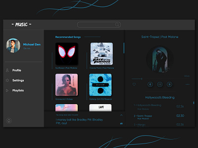 Music Player black blue concept design elegant grey music music app music player shadow ui uiux