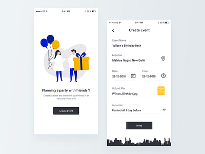 Eventify - Your Event Planner app blue branding date design event flat form illustration interaction design invite ios minimal mobile party reminder ui ux vector yellow