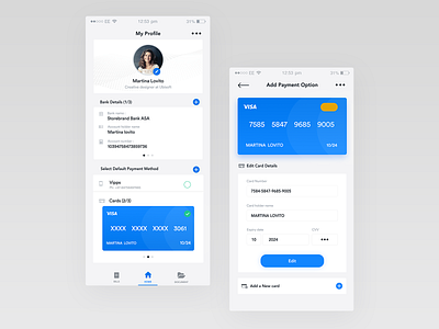 Manage Bank Account UI add app bank bank account blue blue and white branding card credit card design edit profile gradient interaction design ios minimal mobile payment app profile ui ux