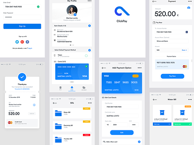 Full project - ClickPay - click to pay account app bank blue branding card clean click credit card design interaction design ios logo minimal mobile payment payment app ui ux