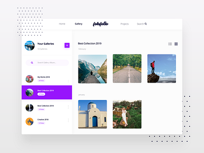 FotoFolio Gallery Page add album clean collection count design dots editing gallery grid interaction design list minimal photo photo album photograhy purple search bar ui white