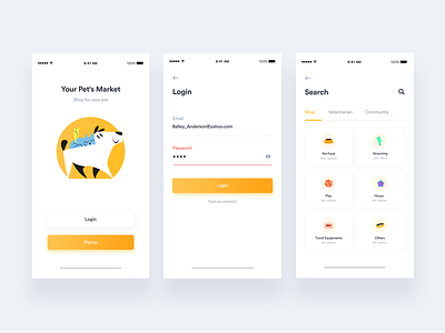 Petshop App + Free UI kit + 1 Dribbble Invite animal branding cat category design dog dog food gradient interaction design ios login minimal petcare search shopping sign in tab ui ux yellow