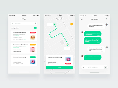 Sharity app Screens + Free UI kit alert call card charity chat delivery distance food green list list ui location maps message order pickup search time ui ux