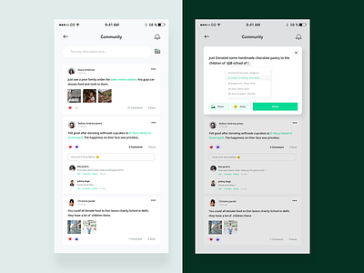 Community UI - Sharity App app card comment community design flat green ios like location love minimal ngo notification post reply share social app ui ux