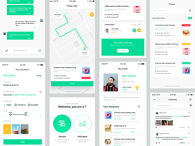 Full project - Sharity app branding charity chat community delivery design donation form green ios list list ui location maps minimal pickup ui ux yellow