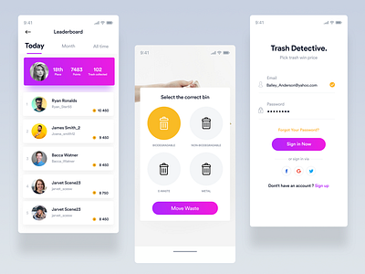 Trash detective UI app branding design earth enviroment form gradient interaction design ios leaderboard login minimal popup purple recycle sign in trash ui ux yellow