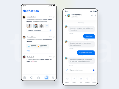 Notification and Chat UI + 2 dribbble Invites app attachment blue branding chat clean ui design event interaction design ios minimal mobile notification product design responsive social typography upload web