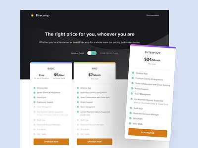 Firecamp website - Pricing Table 2d 3d apps clean design clean ui dark ui design figma gradient minimal monthly plans prices pricing page pricing plan ui ui components ui element uidesign website