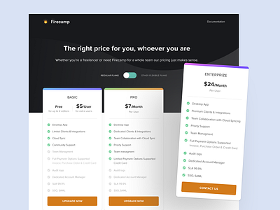 Firecamp website - Pricing Table