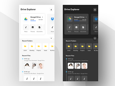 Drive explorer Concept App app apps blackandwhite clean ui concept dark mode dark ui design drive drive explorer drive manager file file dark mode file explorer file manager google drive mobile online storage sketch ui