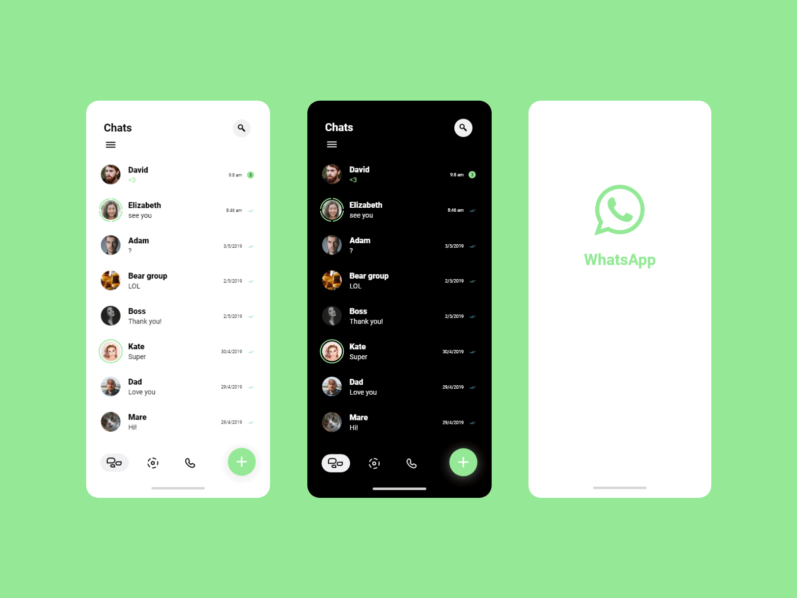 Whatsapp for Android Concept 2019 adobe xd app design massage mobile redesign ui ux vector whatsapp