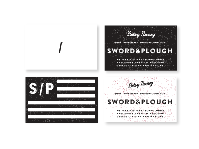 S&P business cards black business card flag nail plough repurpose sword typography white