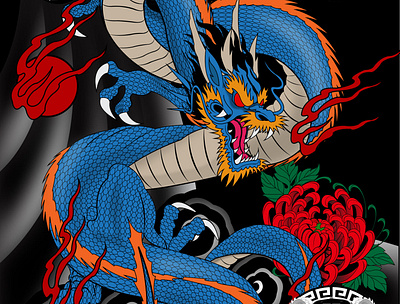 Blue dragon Japanese wood art inspired dragon illustration japanese