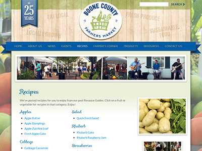 Boone County Farmers Market: Interior Page css3 full screen background header image interior page design ribbons roots theme textured wordpress