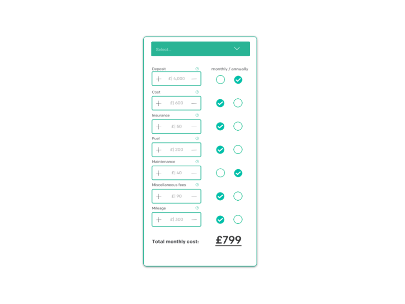 Calculator calculator comparison leasing motiondesign ownership principle prototype ui ux uxui