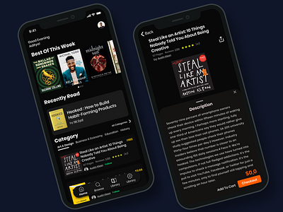 Reading Apps Dark Mode | Exploration book store dailyui dailyuichallenge dark mode dark theme design figma figmadesign ios app design mobile app mobile app design mobile ui reading app ui user experience userinterface ux