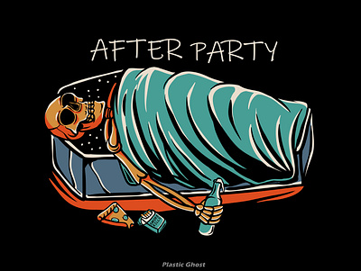 after party apparel design artwork celebrate coffin dead death design for sale drink illustration new year pizza skeleton skull sleeping tshirt design