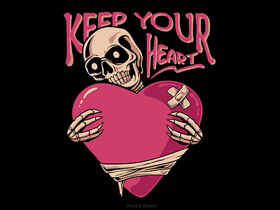 Keep your heart apparel design brokehaeart cartoon design for sale heart illustration merch merchband skeleton skull skull love tshirt design vector