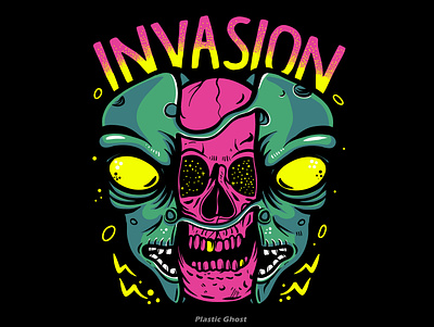 alien invasion alien alienware apparel design area 51 artwork cartoon design for sale illustration invasion merch merchband pink skull skull