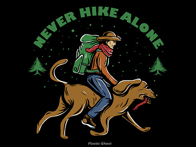 never hike alone apparel design artwork backpacker camp design for sale explorer hand drawn hiking populer rescue dog travel tshirt design vector