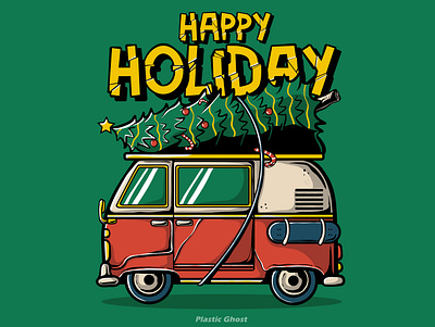 happy holiday apparel design artwork camper car cartoon christmas design for sale illustration merchband tshirt design van vector xmas