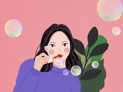 A girl blowing bubbles bubble game girl green happy illustrations leaf pink red summer violet