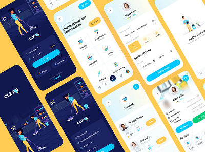 Home Services App app designer cleaner app cleaning app cooking app create account page dark theme ui dribbble flat design home page home repair home service home services app login page mobile app signup page splash screen ui design uiuxdesign washing