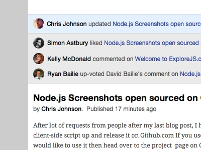 Social Blog Engine UI: Revision 1 alert api avatars blog button circles code comments css droid serif engine github helvetica html icons liked markdown mongodb node.js notifications prototype realtime simple sketch white