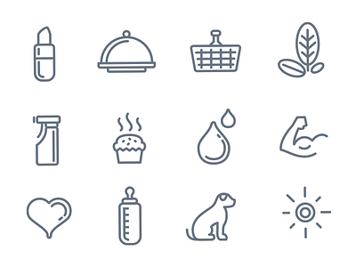 Custom icons baby bag bakery basket bottle cleaning design dog drop droplet gourmet heart icon icons ivan leaf leaves lipstick manolov muffin muscle pet puppy rounded set shopping sun tree water