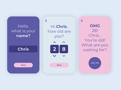 Mini onboarding age app app concept blue design fresh light mini mobile app name next onboarding onboarding screen onboarding ui pink purple soft ui ui ux design ux