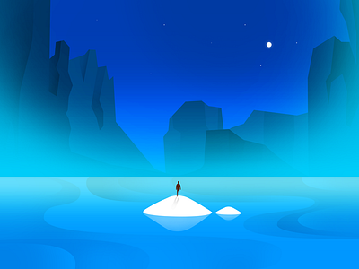 Rising Tide blue illustration island lake mountain night silence sky traveler