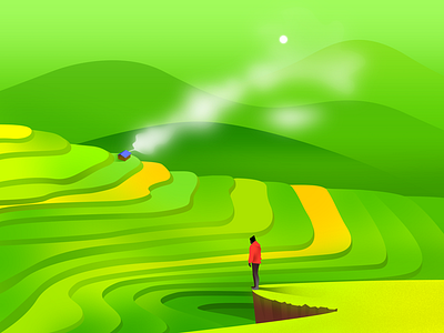 Almost Spring china clive fresh gradient green illustration mountains spring terrace traveller