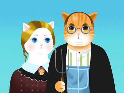 Famous Kitty americangothic cat couple creative cute effyzhang famous icon illustration kitty modern painting