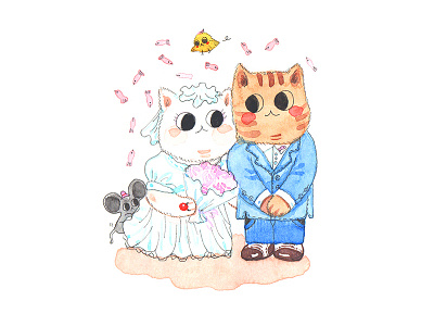 Married Kitty animal bird cat cute effyzhang flower happy illustration lovely marry watercolor wedding