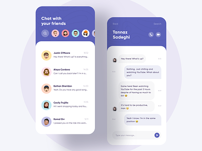 A Messaging App Concept 💬 app app design call chat chatting clean concept daily ui memoji message messenger minimal modern pastel color purple sketch typography ui video call video chat