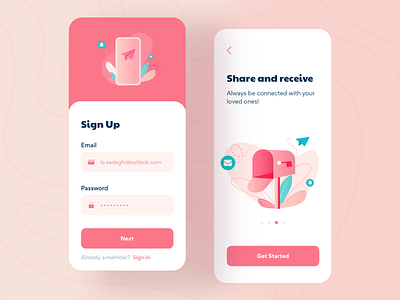 Sign Up and Walkthrough app clean color concept dailyui design email gradient illustration message minimal modern notification phone pink sign in sign up typography ui walkthrough