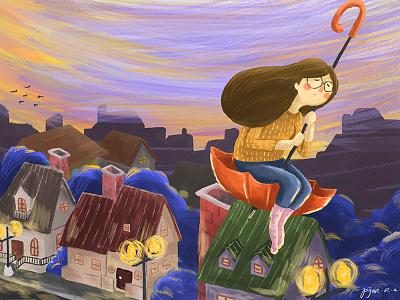 Umbrela Fly childrens book illustration digital painting illustration