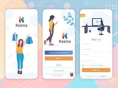 Koeno Shopping App Exploration app design colorful ecommerce app fashion app login form login page login screen shopping sign up sketch splashscreen uidesign uiux women fashion