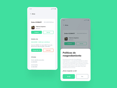 App - Barber booking adobexd appointment booking cancel data figmadesign green layout mobile app mobile ui order policy popup processing ui ui ux uiux user userinterface
